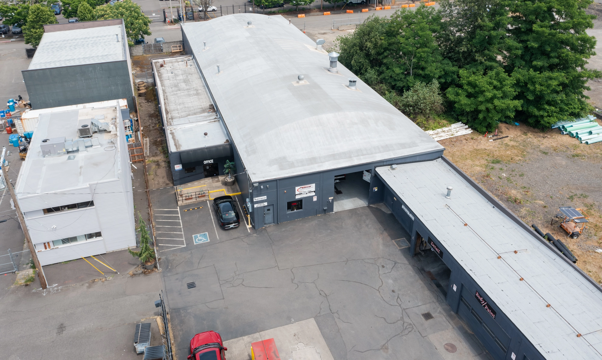 Aerial view of the Crown Towing & Collision Repair facility in Portland