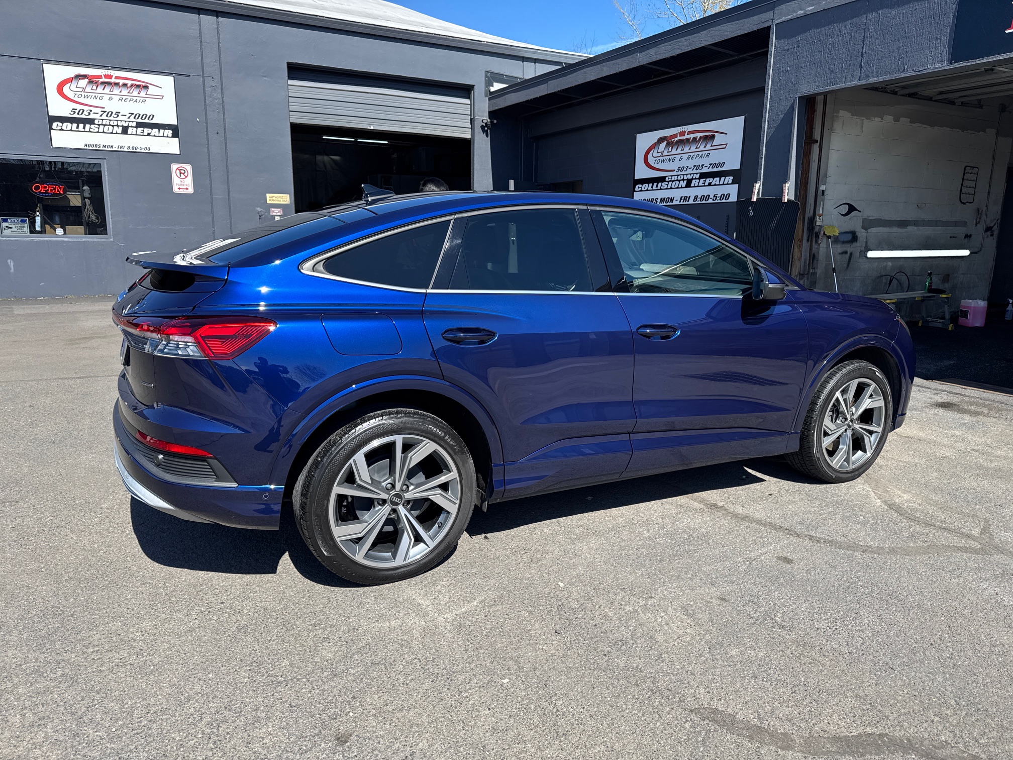Collision damage repair in progress on a customer vehicle at Crown's Portland body shop